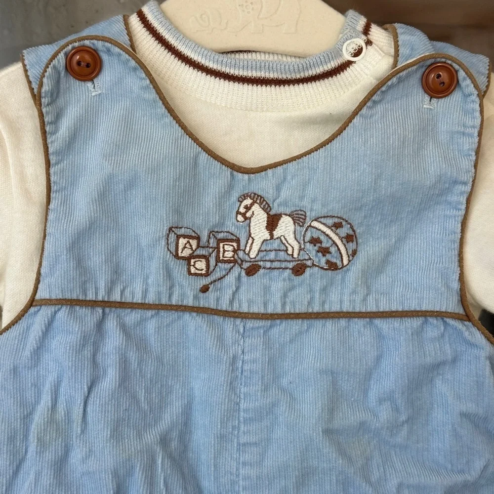 Vintage Rocking horse corduroy overalls sweater baby boy embroidered romper